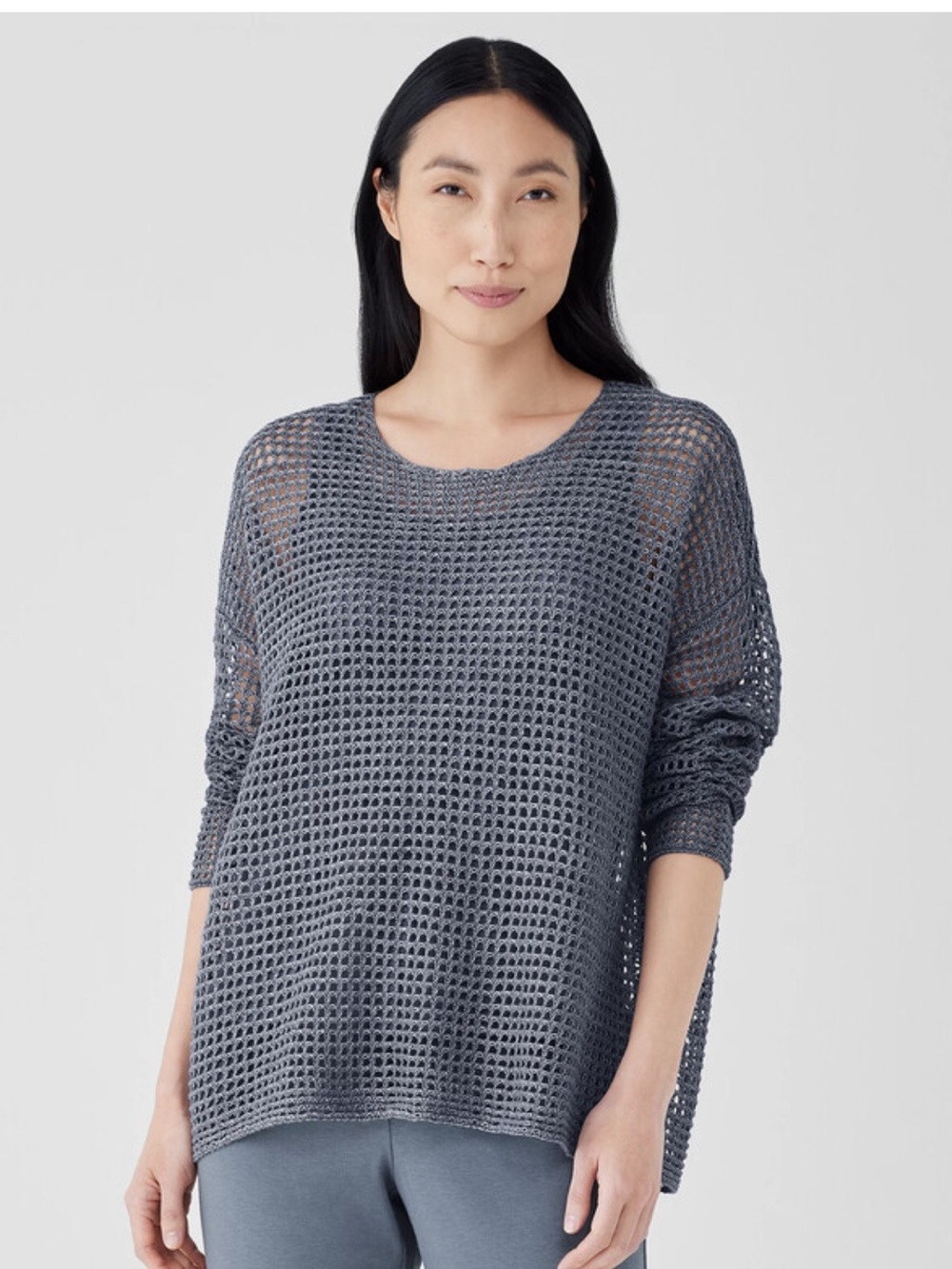 Eileen Fisher Slate Blue Organic Linen Délavé Round Neck Top Size Petite Medium